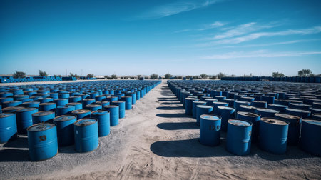Pile of blue oil barrels on the sand in the desert.の素材
