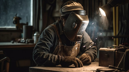 Welder at work in his workshop. He is wearing a welding mask and welding metal.の素材