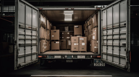 Front view of a truck with cardboard boxes in warehouse. Toned image.の素材