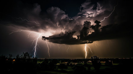 Lightning in the night sky. Thunderstorm over the city.の素材