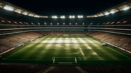 Football stadium or soccer field at night with lights and seats. sport conceptの素材