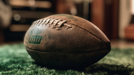 American football ball on green grass with copy space. close up.の素材