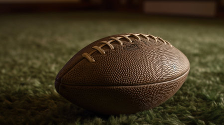 American football ball on green grass. close-up. selective focus.の素材