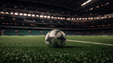 Soccer ball on the green field of stadium. 3d renderingの素材