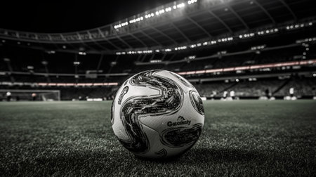 Soccer ball on the green grass of the stadium. black and whiteの素材