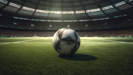 Soccer ball on the field of stadium. 3d rendering.の素材