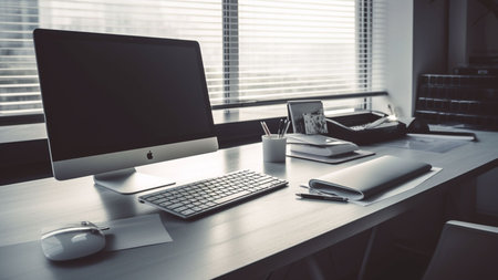 workplace with computer and mouse in modern office, black and whiteの素材