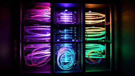 Fiber Optic cables connected to a network server in data centerの素材