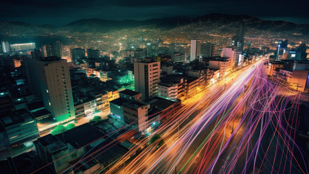 Cityscape of Seoul, South Korea at night with light trails.の素材
