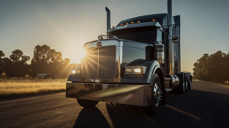 Classic american big rig semi truck with modern semi trailer running on rural road at sunset.の素材