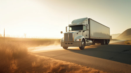 Truck on the road at sunset. Concept of logistics and transportationの素材