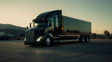 Truck on the road at sunset. Transportation and logistics concept.の素材