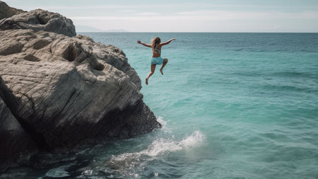 Young woman jumping into the sea on a cliff. Panorama.の素材
