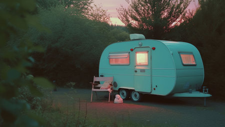 3D rendering of a camping trailer with a woman in the foregroundの素材