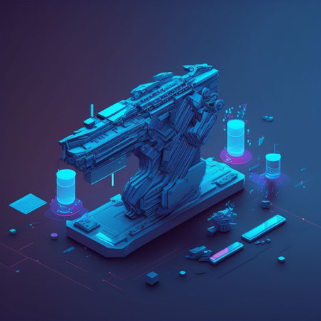 3d rendering of a robot working on a smartphone isolated on blue backgroundの素材