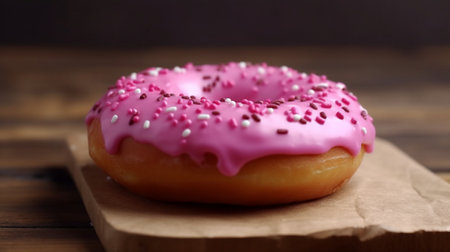 Delicious donut with pink icing on wooden table, closeupの素材