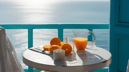 Breakfast with orange juice on the terrace overlooking the sea.の素材