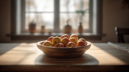 Ripe apples in a wooden bowl on a table near the windowの素材