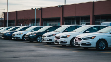Row of new cars parked in row on parking lot. Car rental concept.の素材
