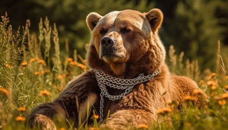 Brown bear with chain on his neck sitting on the grass in the summerの素材