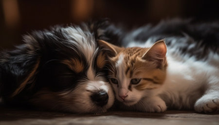 Adorable little kitten and puppy sleeping together on wooden floor at homeの素材