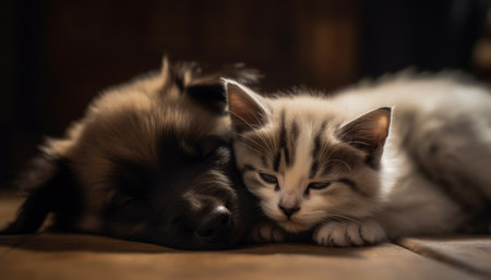 Cute cat and kitten lying on the wooden floor at home.の素材