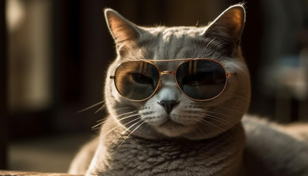 Close up of a cat wearing sunglasses in the morning sun light.の素材