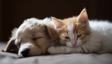 Cute Golden Retriever puppy with tabby kitten lying on bed.の素材