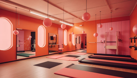 Interior of a modern fitness hall with red walls and orange floor. 3d renderingの素材