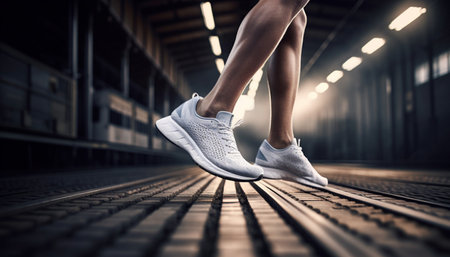 Close up of female legs in white sneakers running on rails. mixed mediaの素材