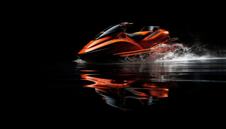 Jet ski on water surface with reflection on black background, extreme sportの素材