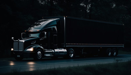 Semi-trailer truck on the road at night. 3d renderingの素材