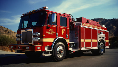fire engine on a road in the desert. 3d rendering.の素材