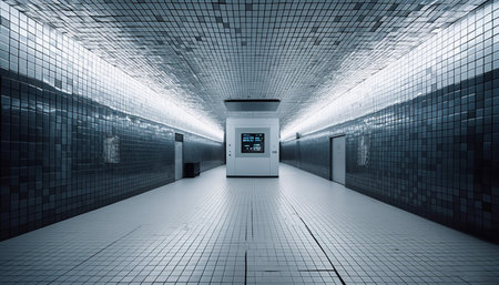 3d rendering of a modern corridor with a door and an elevatorの素材