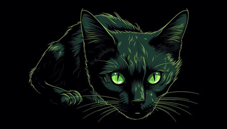 Vector illustration of a cat with green eyes on a black background.の素材