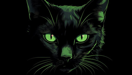 Illustration of a black cat with green eyes on a black backgroundの素材