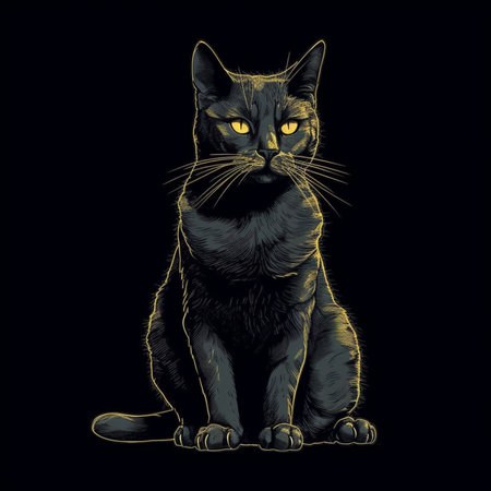 Vector image of a cat with yellow eyes on a black background.の素材