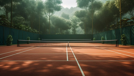Tennis court in the morning mist,3d render illustration.の素材