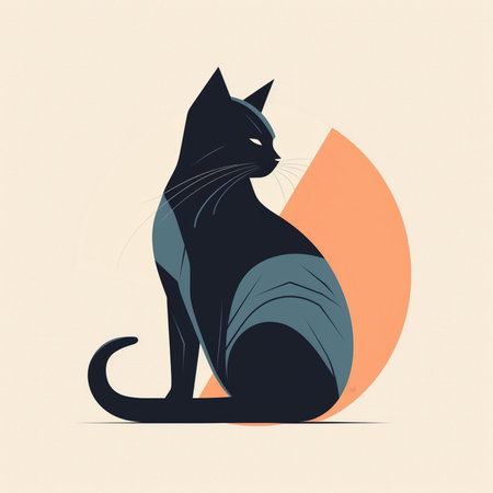 Vector illustration of a black cat sitting on a background of an orange sun.の素材