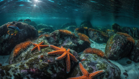 Underwater scene with starfish and coral reef in Bali, Indonesiaの素材