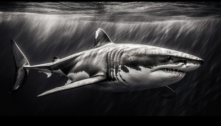 Great white shark swimming in the ocean. 3d render illustration.の素材