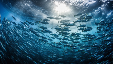 Underwater view of a school of mackerel in the oceanの素材