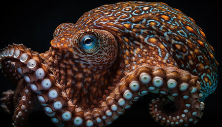 Octopus isolated on black background. Close-up of a marine animal.の素材