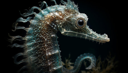Hippocampus seahorse on black background. 3d renderの素材