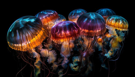 Group of jellyfish isolated on black background. colorful jellyfishの素材