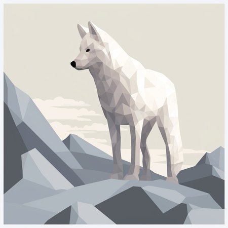 Polygonal wolf on the background of a mountain landscape. vector illustrationの素材