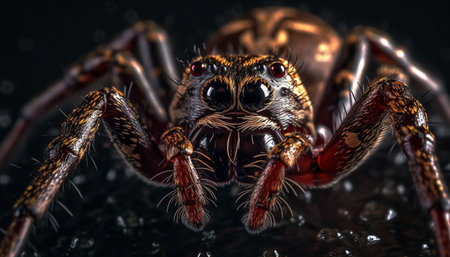 jumping spider closeup on black background with water drops 3d illustrationの素材