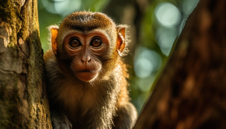 Portrait of a monkey sitting on a tree in the jungle.の素材