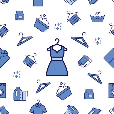 Seamless pattern with clothes and accessories. Vector illustration in blue colors.のイラスト素材