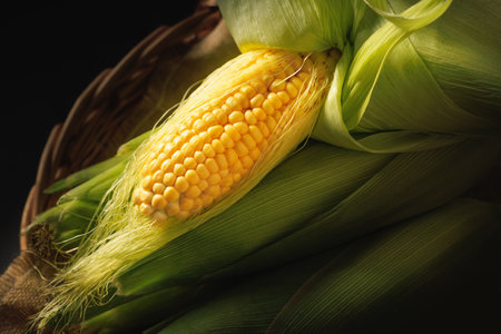 Fresh corn in basket on black background, closeup. Organic foodの写真素材